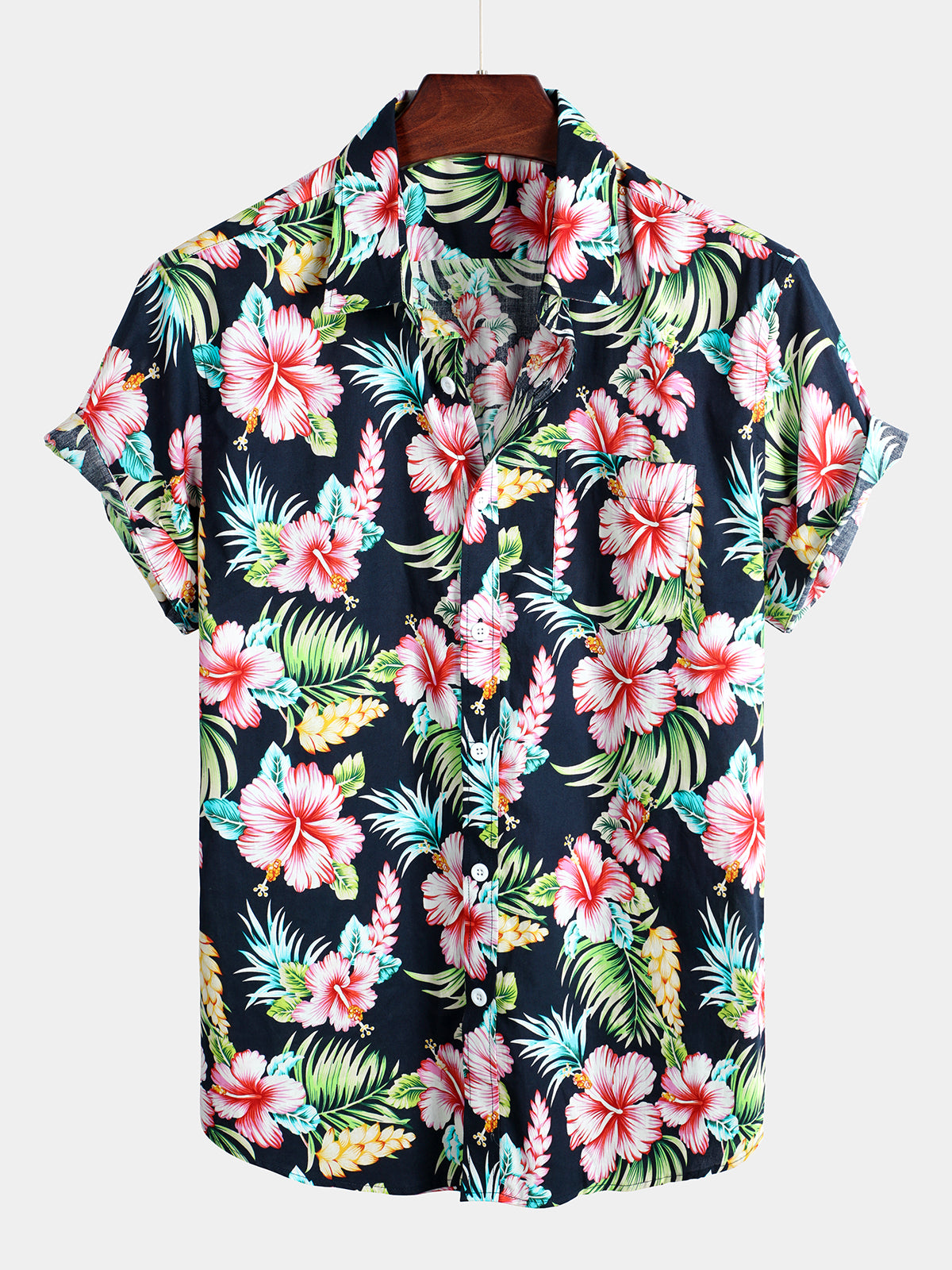 Men's Dark Blue Floral Holiday Short Sleeve Cotton Pocket Shirt