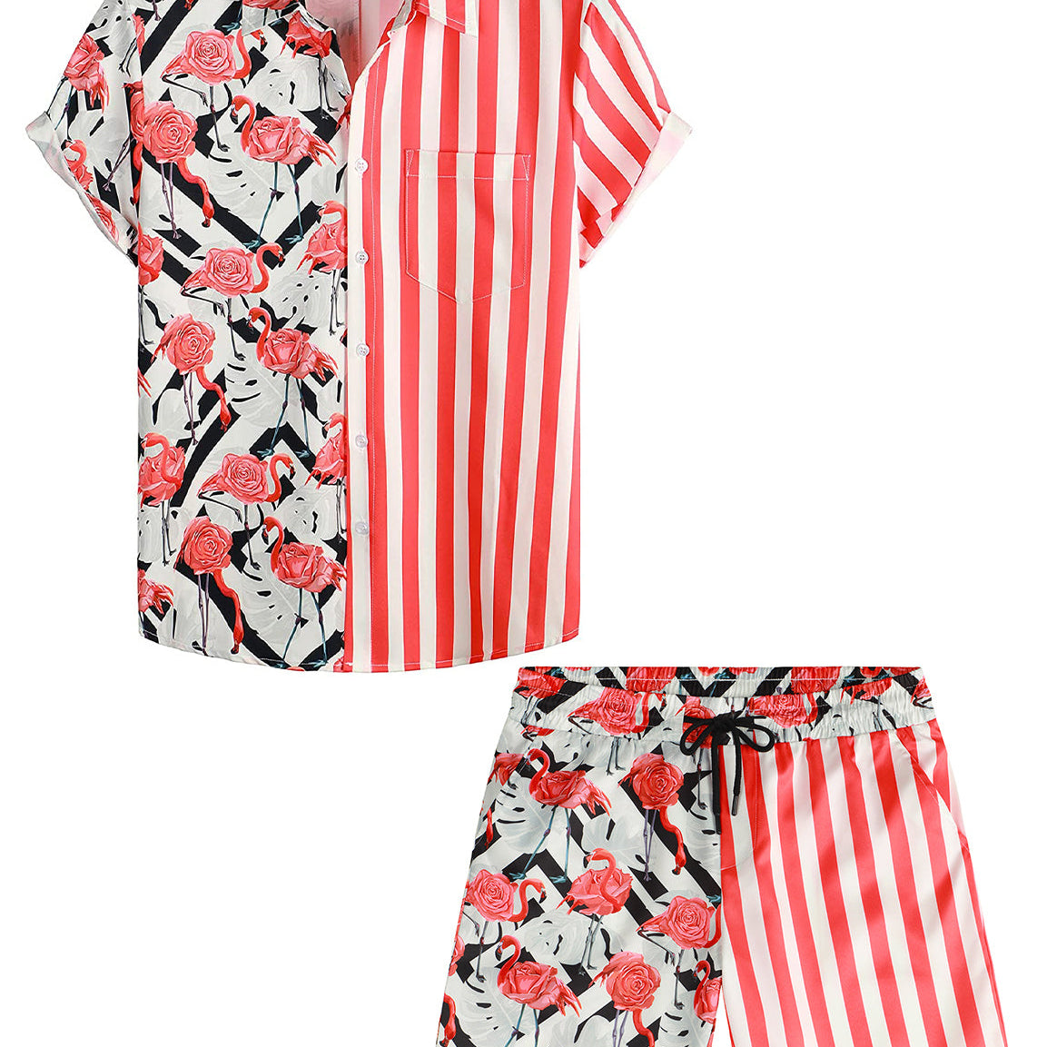 Men's Flamingo and Red Striped 2Pcs Patchwork Pocket Hawaiian Shirt & Shorts Set
