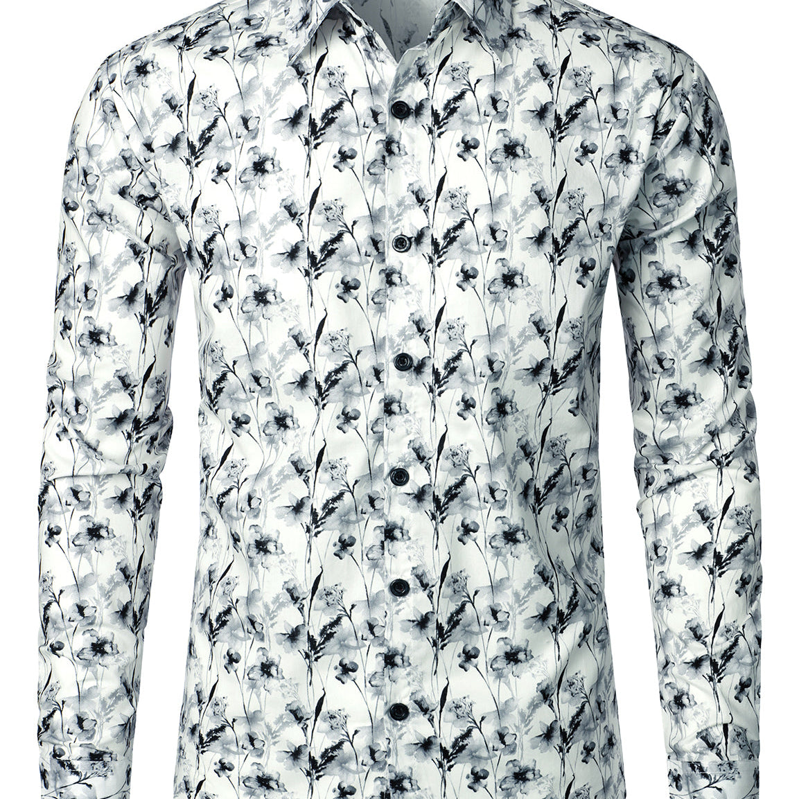 Men's Casual Cotton Floral Print Breathable White Long Sleeve Shirt