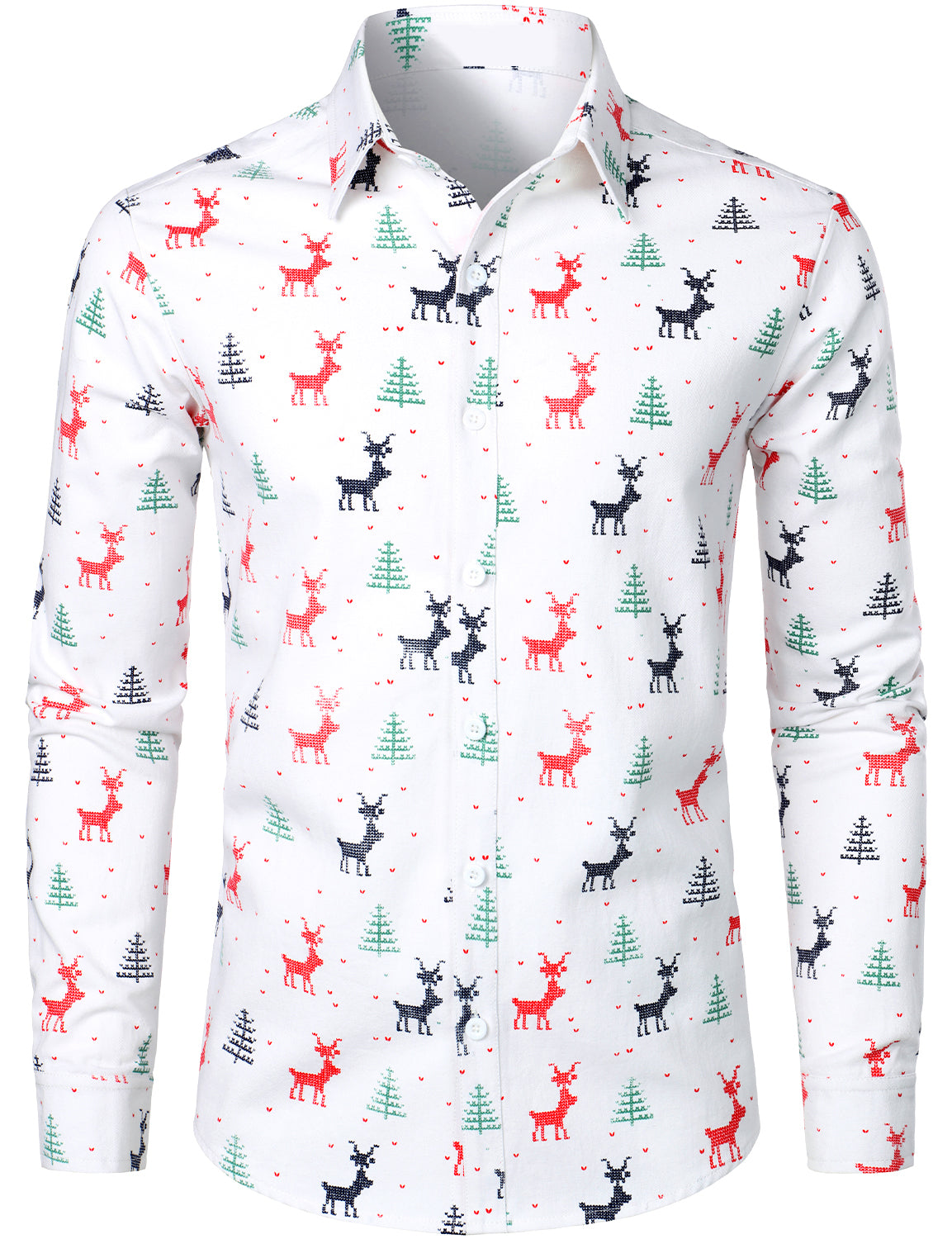 Men s Christmas Tree Elk Print Breathable White Long Sleeve Shirt