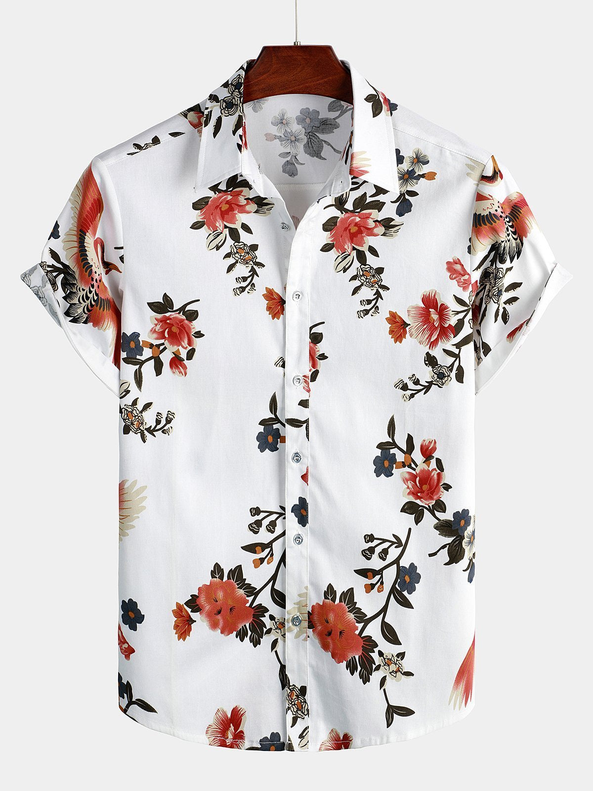 Men's Cotton Floral Casual Flower Print Hawaiian Button Up Beach Short Sleeve Shirt