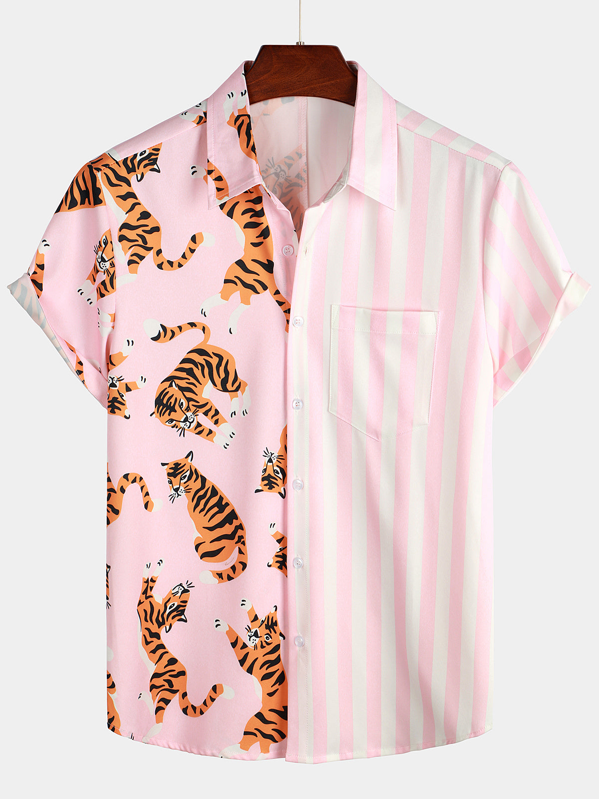 Men's Tiger & Striped Print Holiday Pocket Shirt