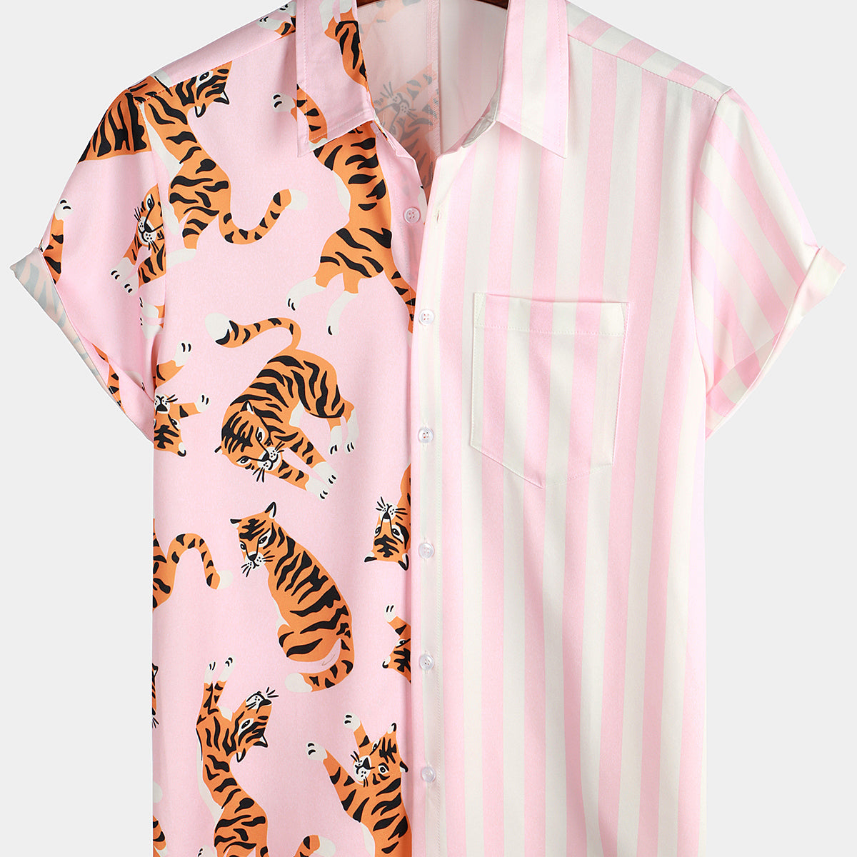 Men's Tiger & Striped Print Holiday Pocket Shirt