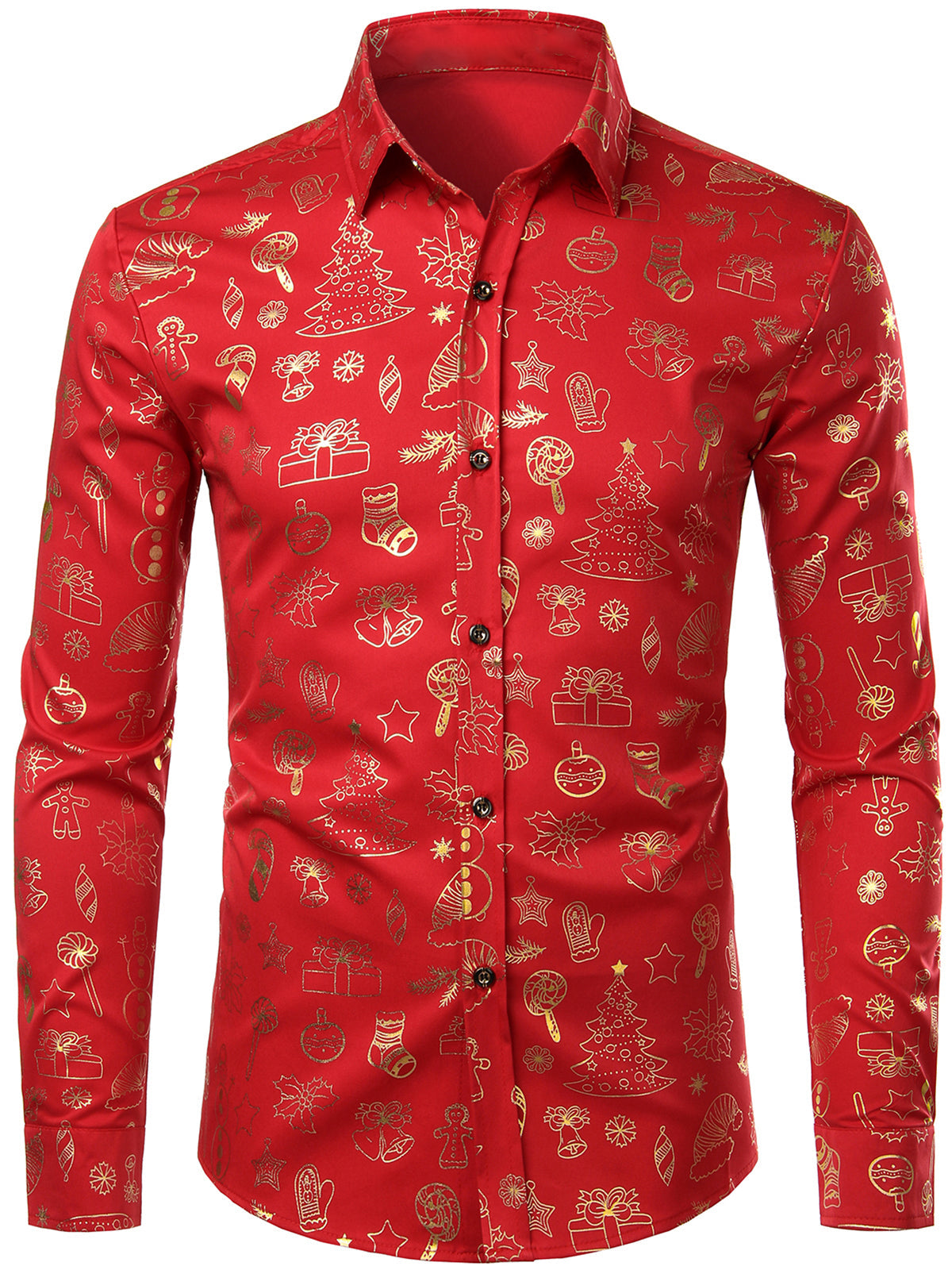 Men's Christmas Print Regular Fit Button Holiday Long Sleeve Red Dress Shirt