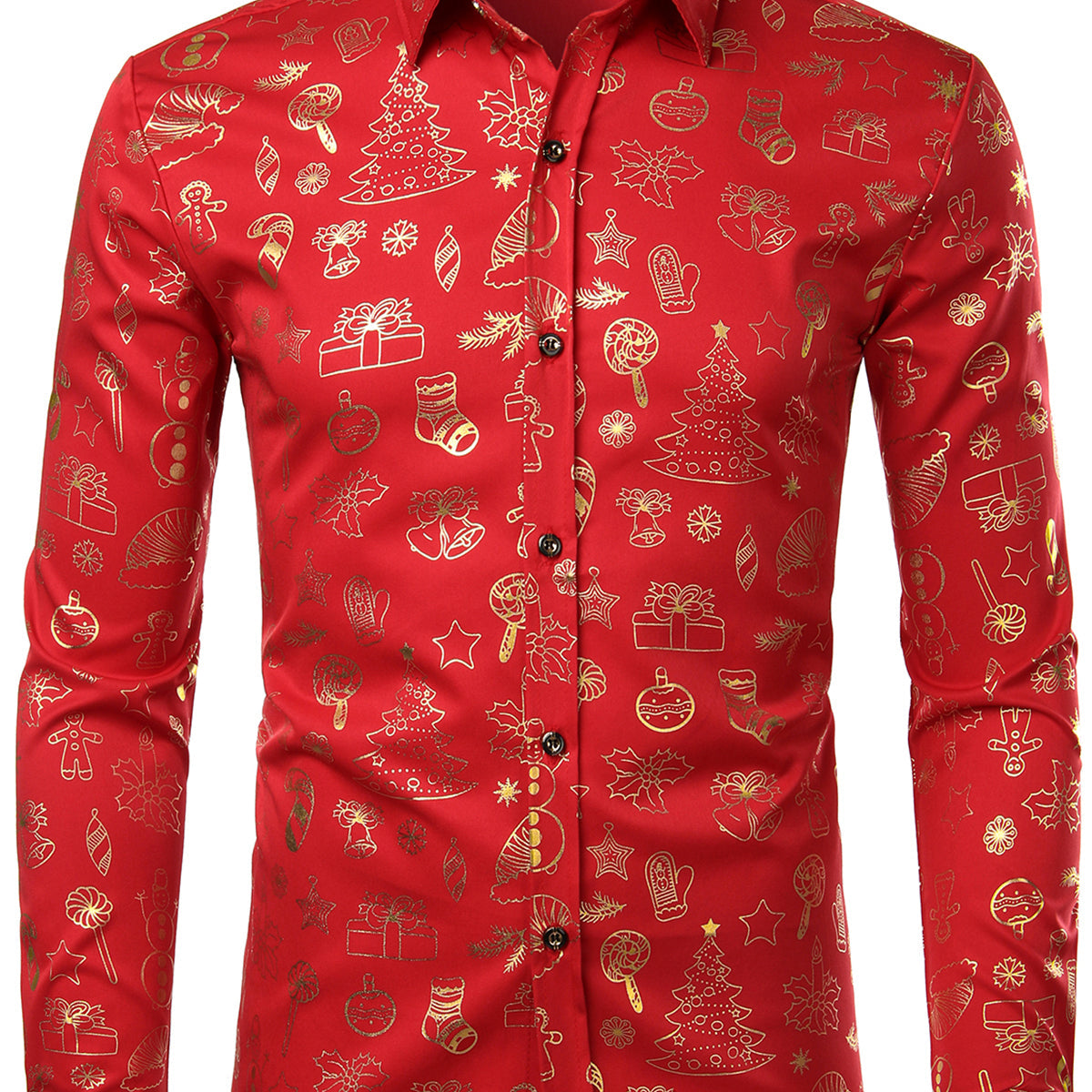 Men's Christmas Print Regular Fit Button Holiday Long Sleeve Red Dress Shirt