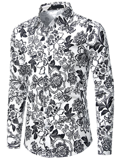 Men's Vintage Paisley Floral Casual Long Sleeve Cotton Regular Fit Dress Shirt