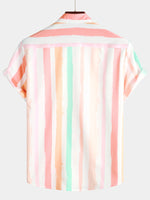 Men's Summer Pink And White Vertical Striped Pocket Button Up Rainbow Short Sleeve Shirt