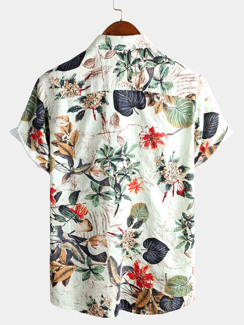 Men's Flower Cotton Tropical Floral Summer Button Up Hawaiian Shirt