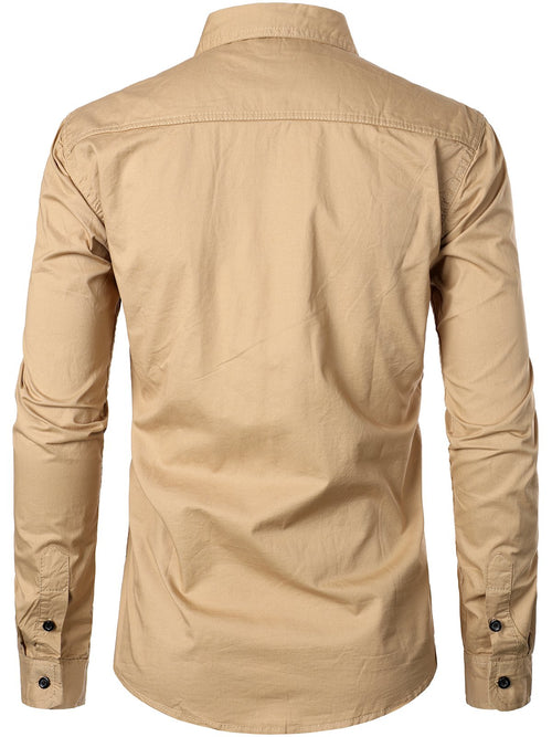 Men's Khaki Outdoor Casual Lapel Cotton Long Sleeve Shirt