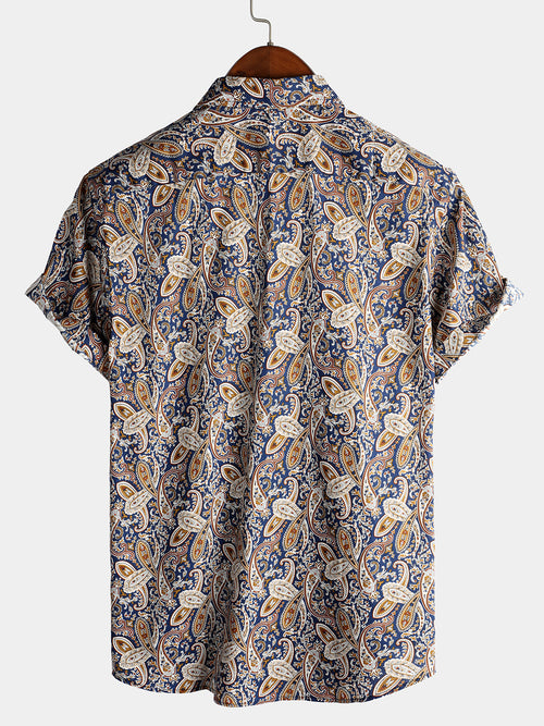 Men's Vintage Paisley Pocket Short Sleeve Button Up Cotton Shirt