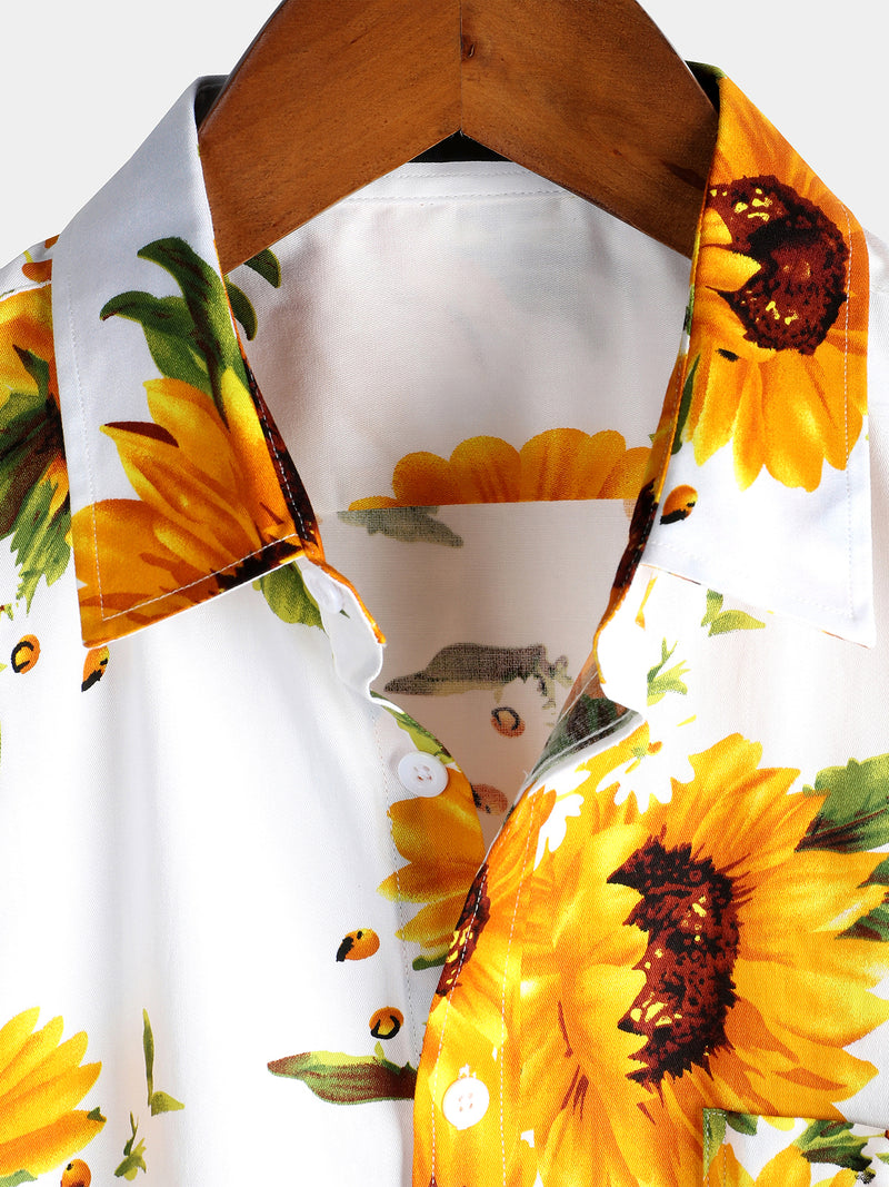Men's Vintage Sunflower Cotton Floral Pocket Short Sleeve Button Up Shirt