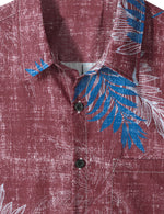 Men's Tropical Plant Leaf Burgundy Pocket Vintage Short Sleeve Aloha Shirt