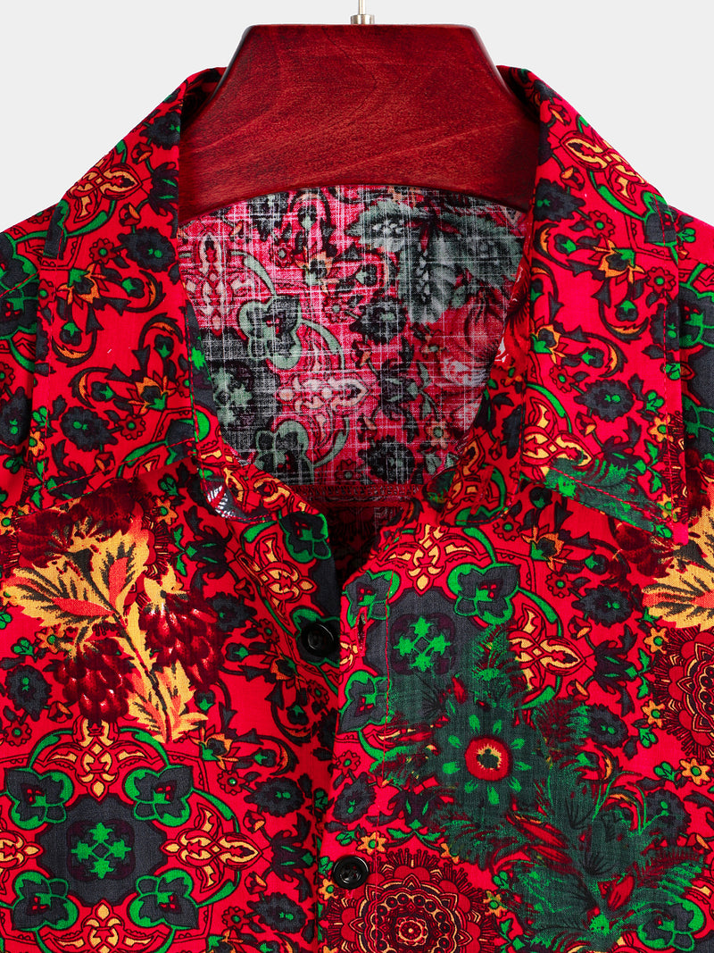 Men's Vintage Flower Print Cotton Short Sleeve Shirt