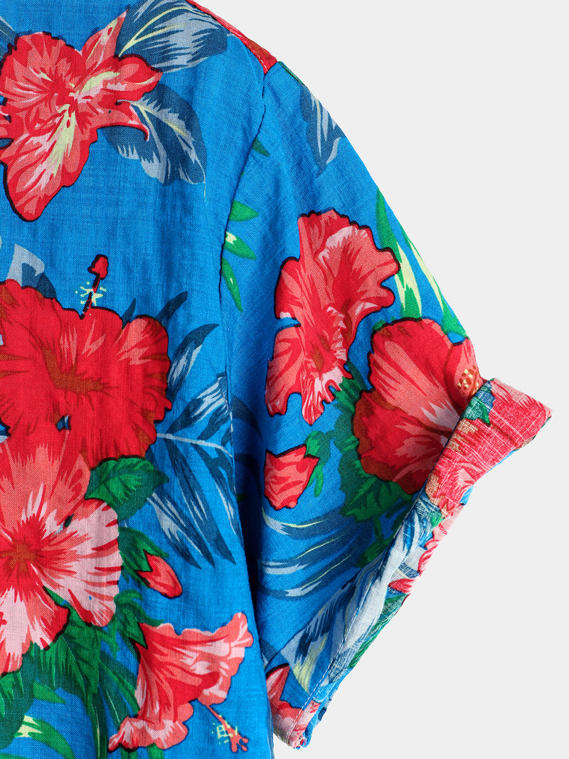 Men's Blue Flower Tropical Hawaii Cotton Short Sleeve Shirt