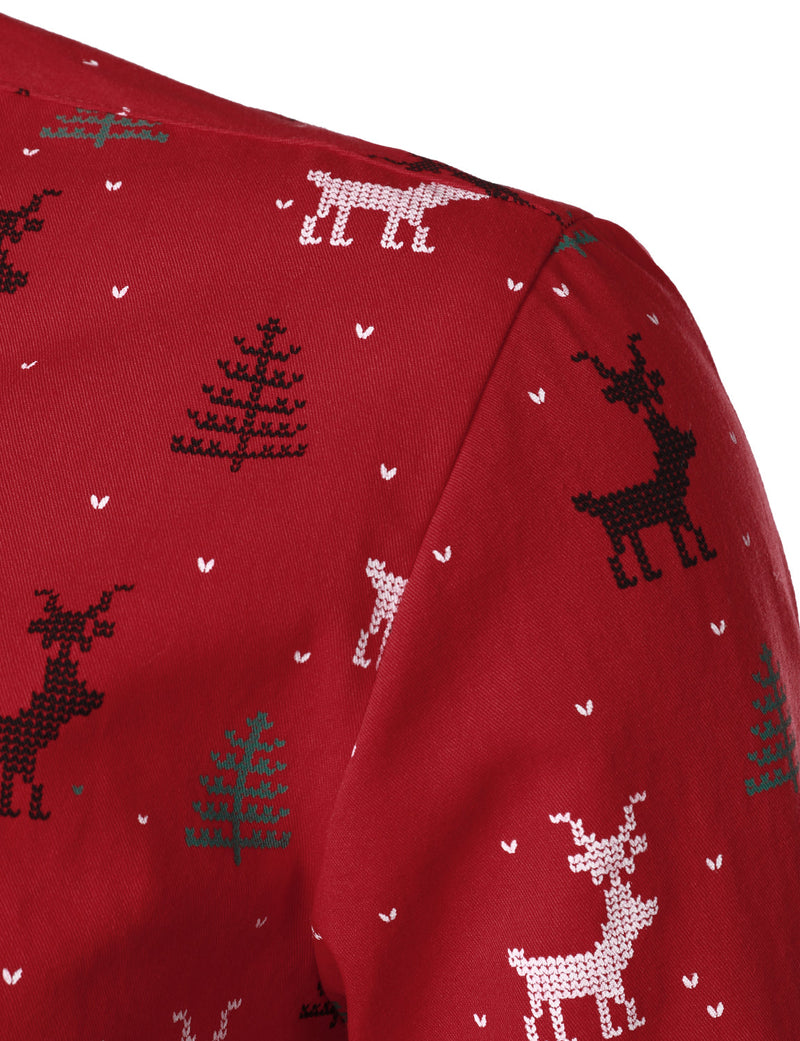 Bundle Of 2 | Men's Christmas Tree Elk Print Breathable Red Long Sleeve Shirts