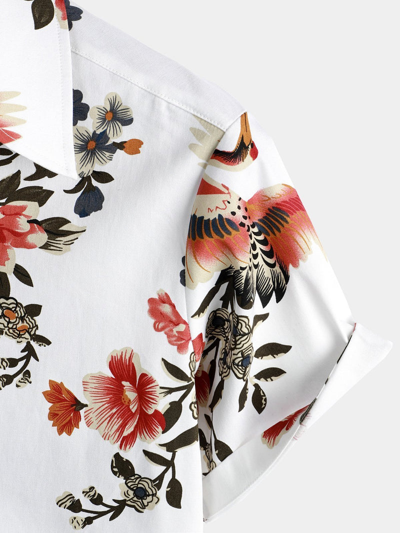 Men's Cotton Floral Casual Flower Print Hawaiian Button Up Beach Short Sleeve Shirt