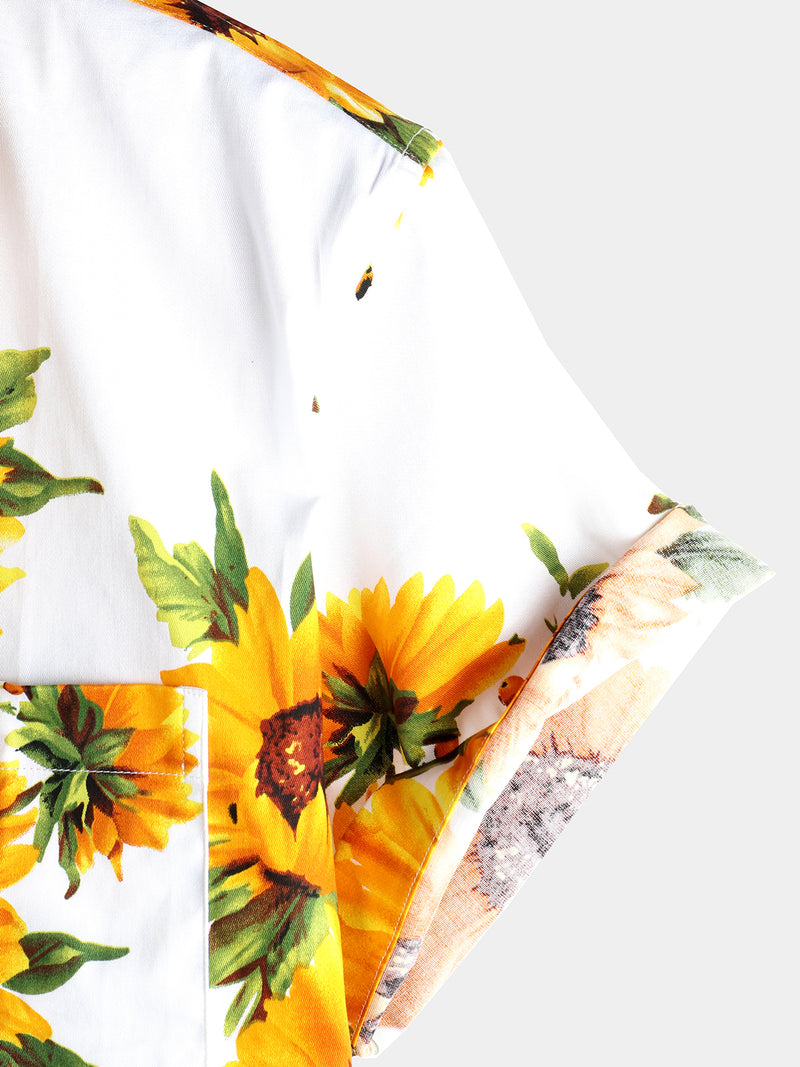 Men's Vintage Sunflower Cotton Floral Pocket Short Sleeve Button Up Shirt