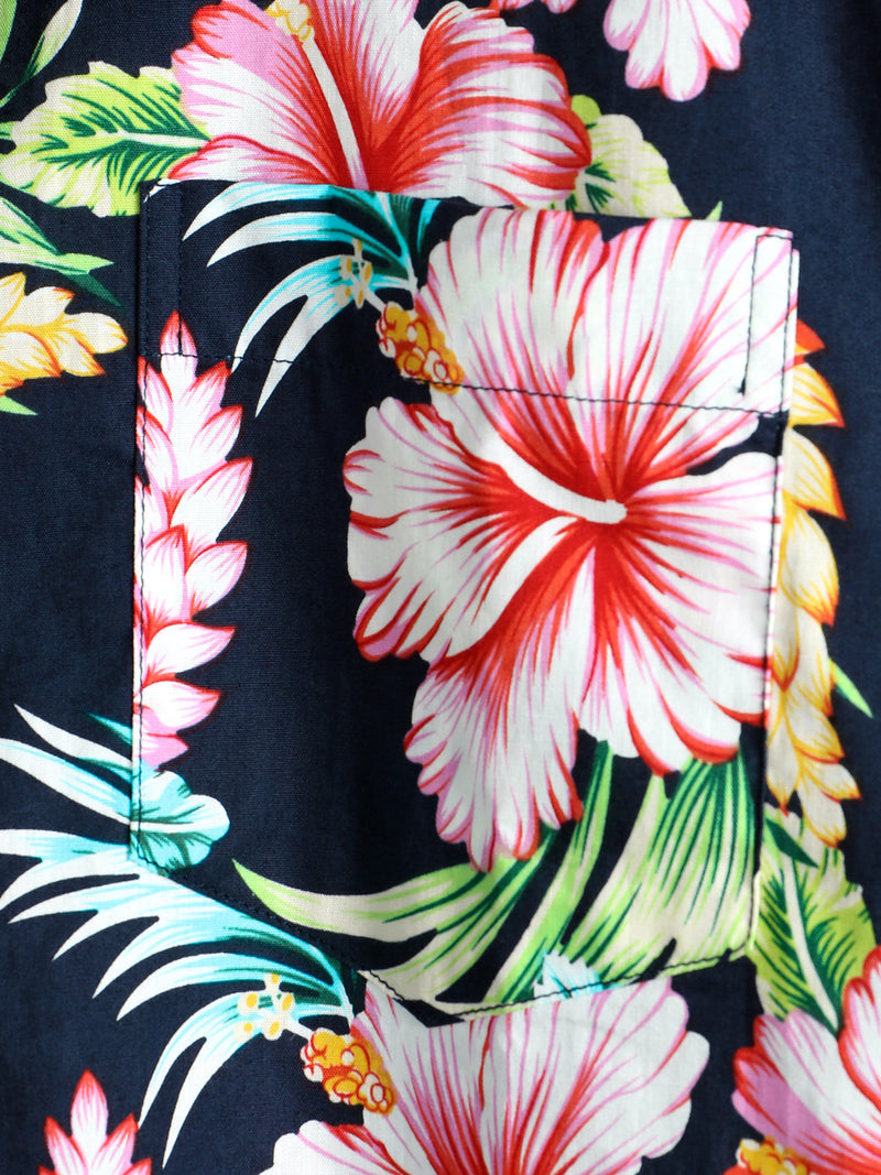 Men's Dark Blue Floral Holiday Short Sleeve Cotton Pocket Shirt