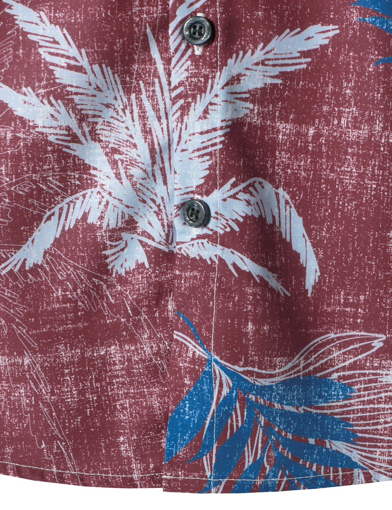 Men's Tropical Plant Leaf Burgundy Pocket Vintage Short Sleeve Aloha Shirt
