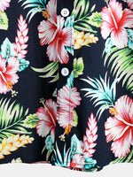 Men's Dark Blue Floral Holiday Short Sleeve Cotton Pocket Shirt