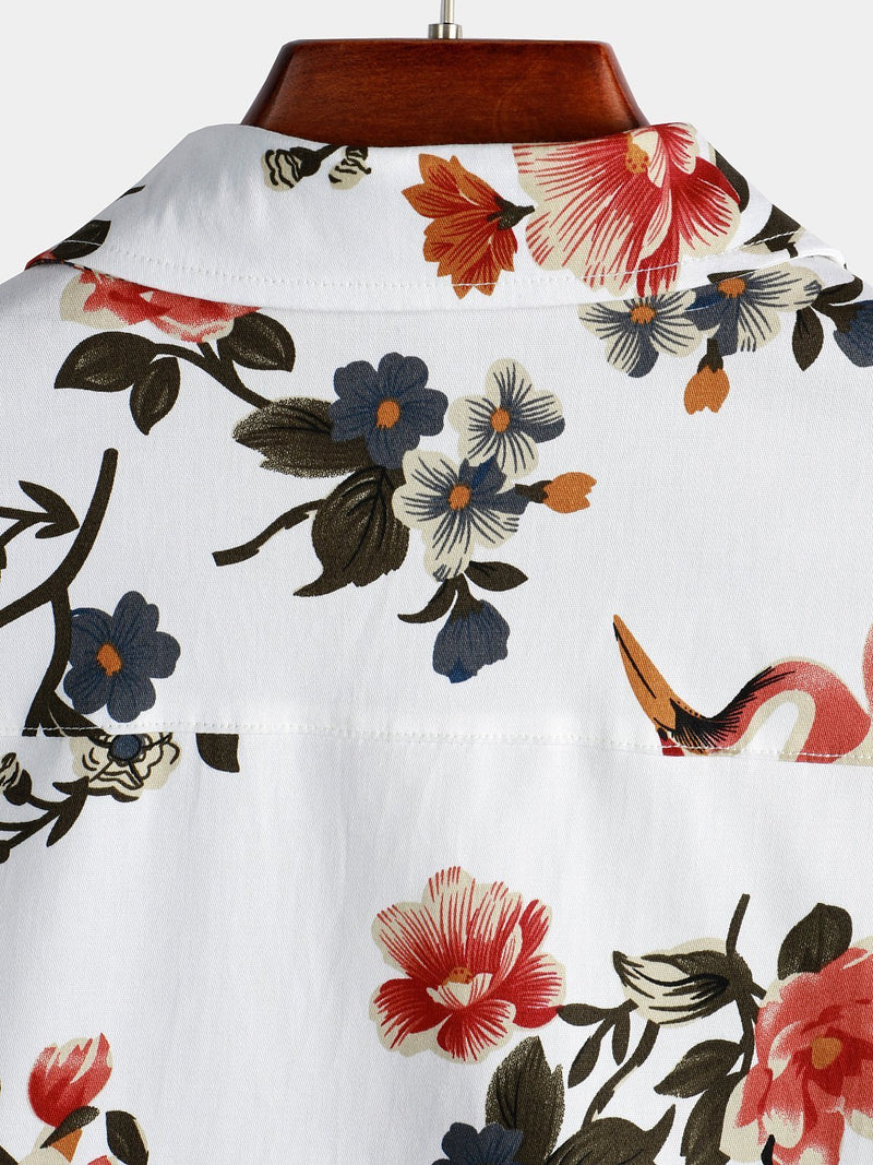 Men's Cotton Floral Casual Flower Print Hawaiian Button Up Beach Short Sleeve Shirt