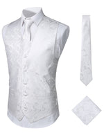 Men's Classic Jacquard Paisley Vest Set 3pc Necktie Pocket Square Waistcoat for Suit or Tuxedo