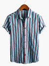 Men's Blue Striped Casual Cotton Short Sleeve Button Up Shirt
