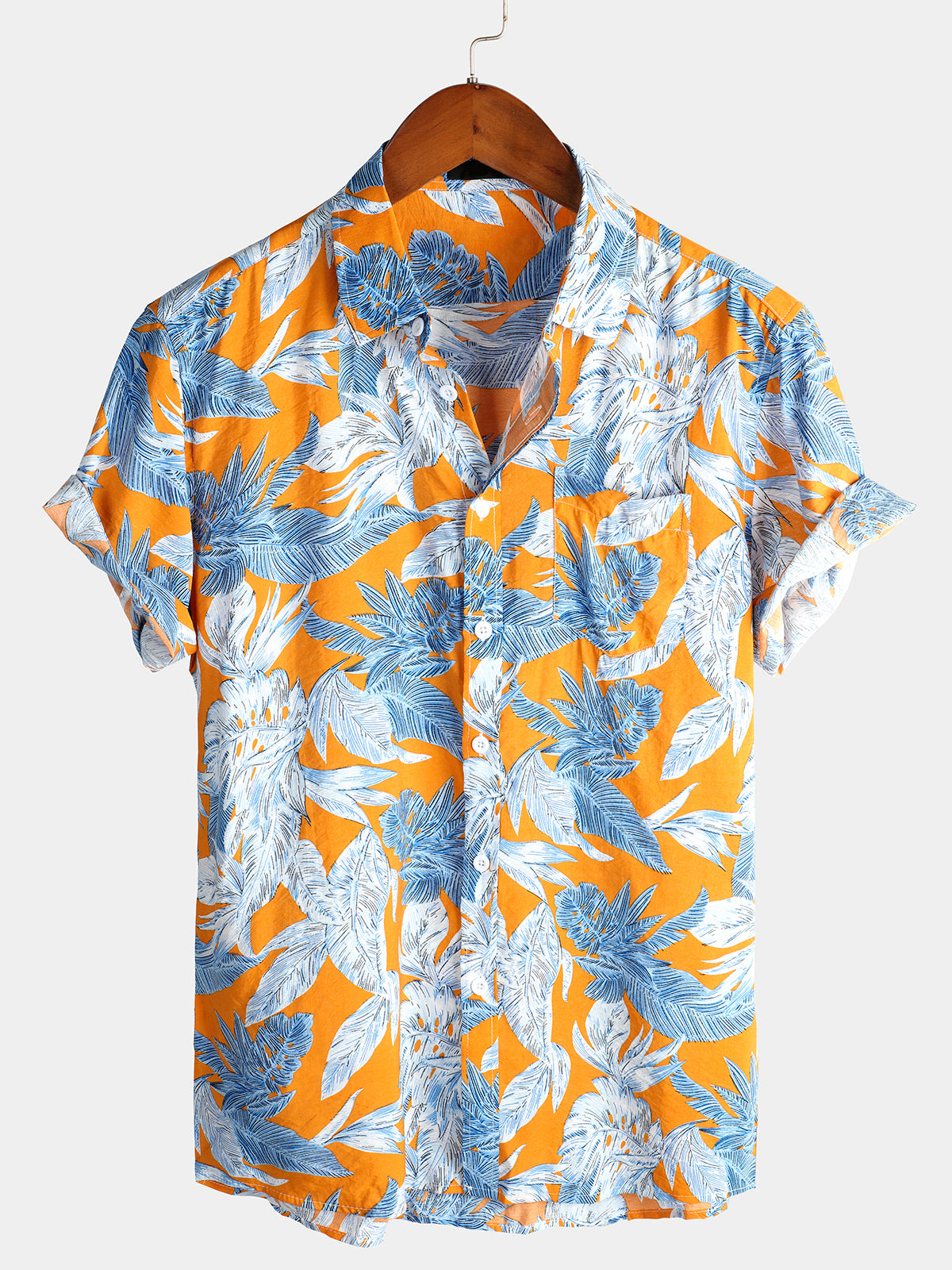 Men's Tropical Leaves Print Pocket Short Sleeve Shirt