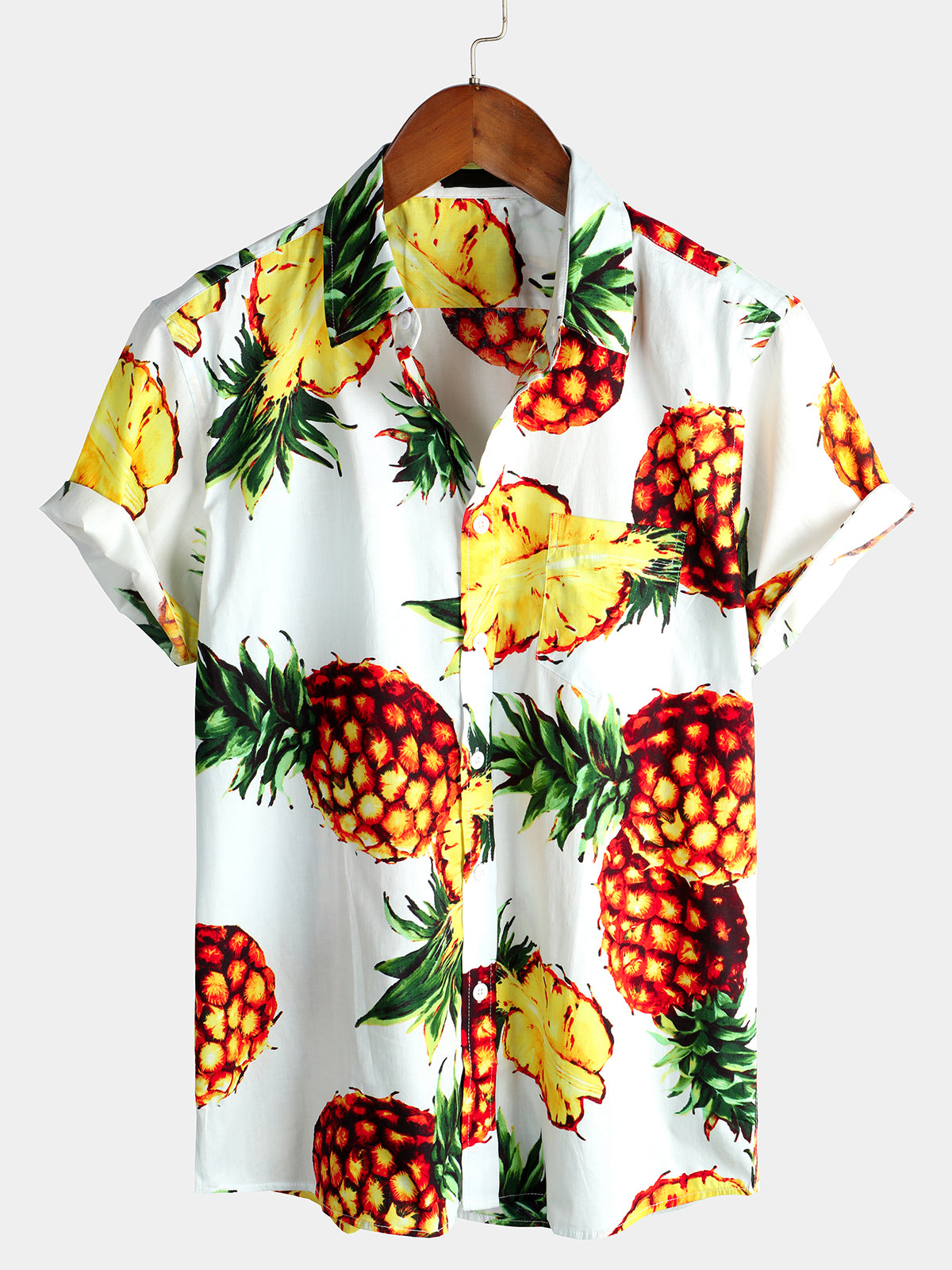 Men's Pink Pineapple Print Holiday Pocket Cotton Shirt