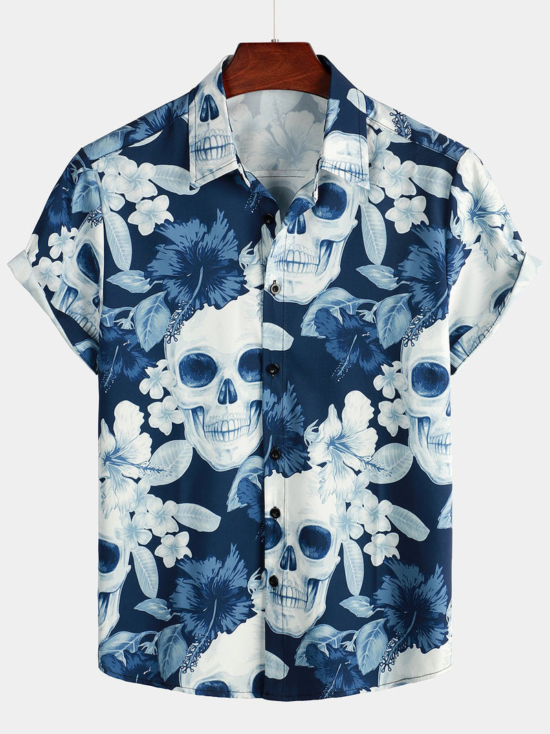Bundle Of 4 | Men's Skull Floral Print Casual Lapel Button Short Sleeve Shirts