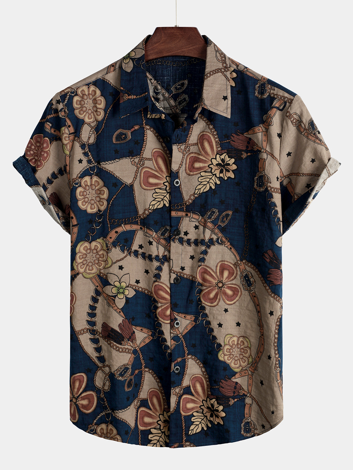 Men's Vintage Floral Print Summer Patchwork Button Up Casual Short Sleeve Shirt