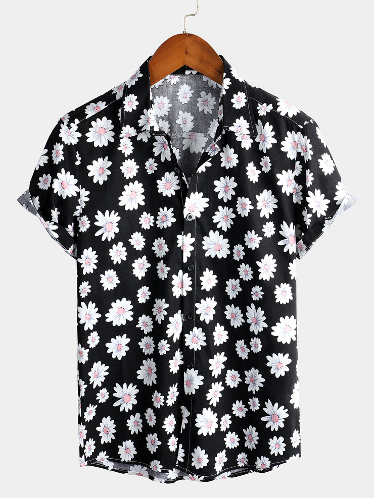 Men's Blue Daisy Floral Summer Button Up Hawaiian Short Sleeve Shirt ...