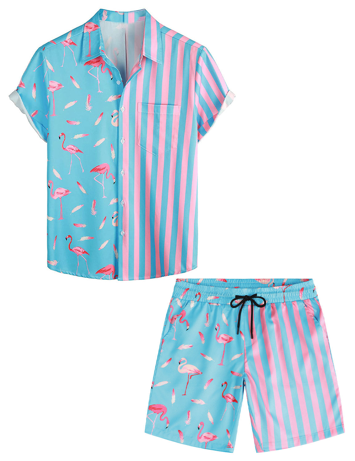 Men's Blue Flamingo & Striped Patchwork Pocket Shirt & Shorts Set