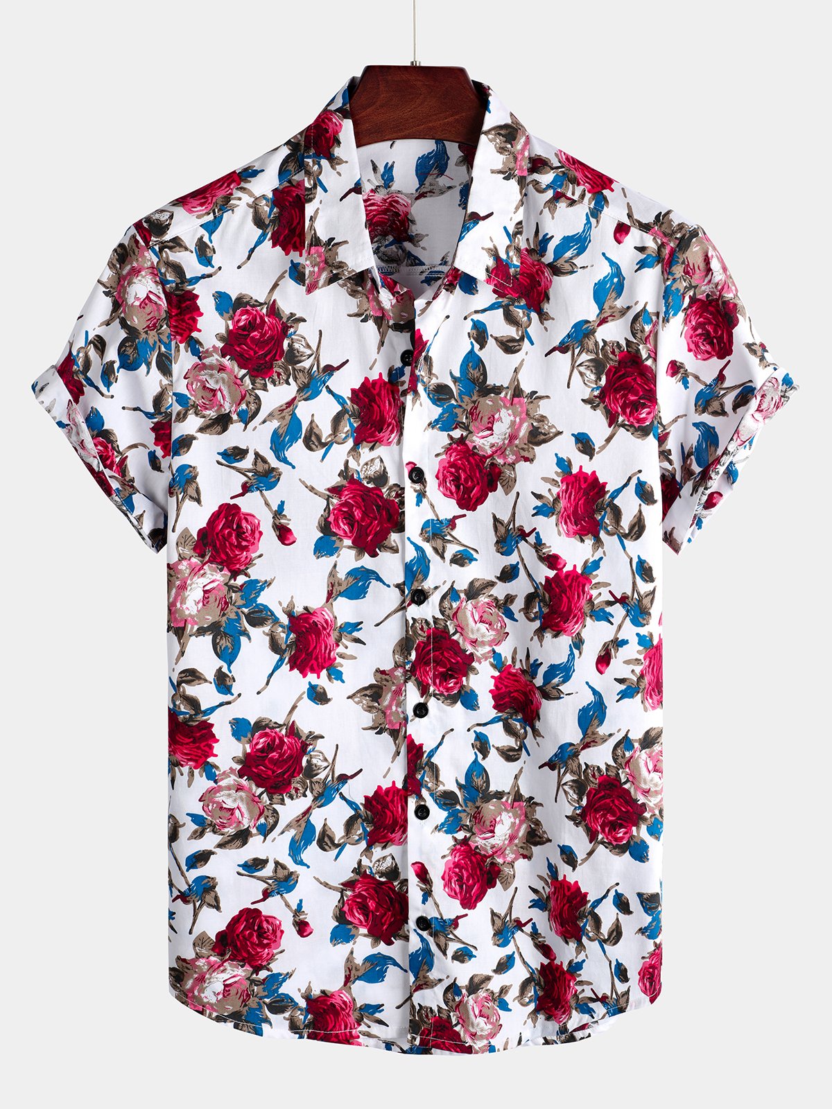 Men's Rose Print Holiday Cotton Short Sleeve Shirt