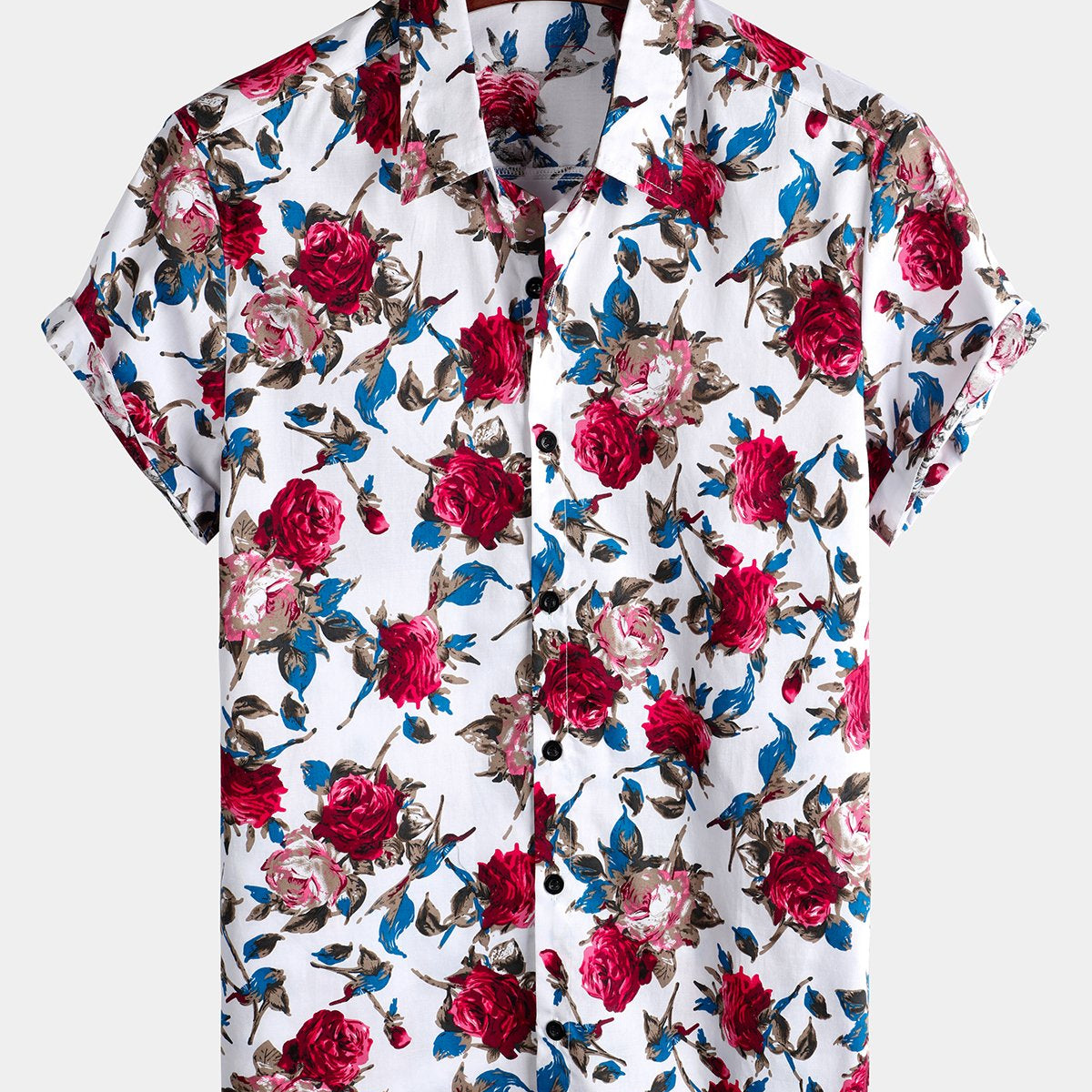 Men's Rose Print Holiday Cotton Short Sleeve Shirt