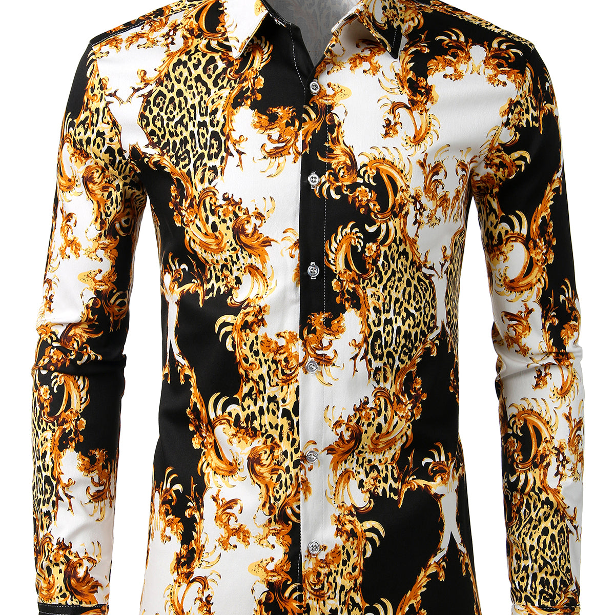 Men's Vintage Baroque Leopard Floral Casual Retro Long Sleeve Cotton Regular Fit Dress Shirt