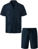Men's Casual Short Sleeve Cuban Guayabera Shirt & Shorts Set