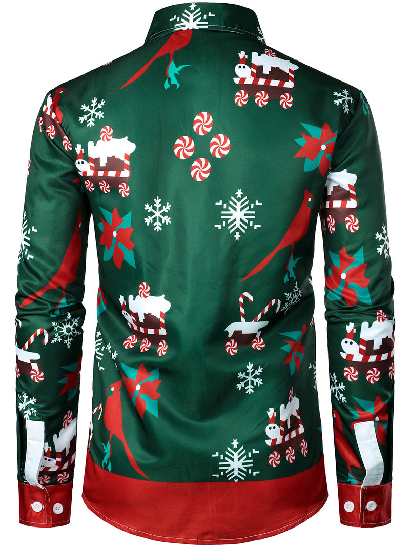 Bundle Of 3 | Men's Christmas Print Regular Fit Long Sleeve Shirt & 3 Pairs Holiday Xmas Socks