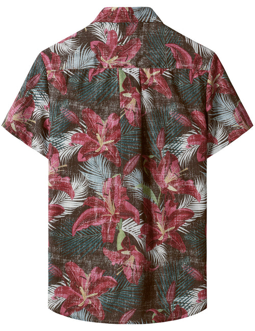 Men's Floral Print Vintage Pocket Short Sleeve Holiday Flowers Hawaiian Shirt