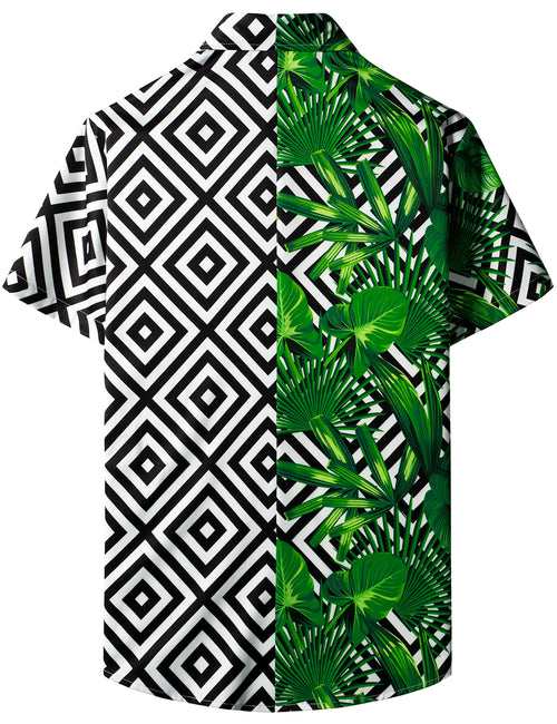 Men's Green Tropical Leaves Geometric Print Vacation Short Sleeve Hawaiian Shirt
