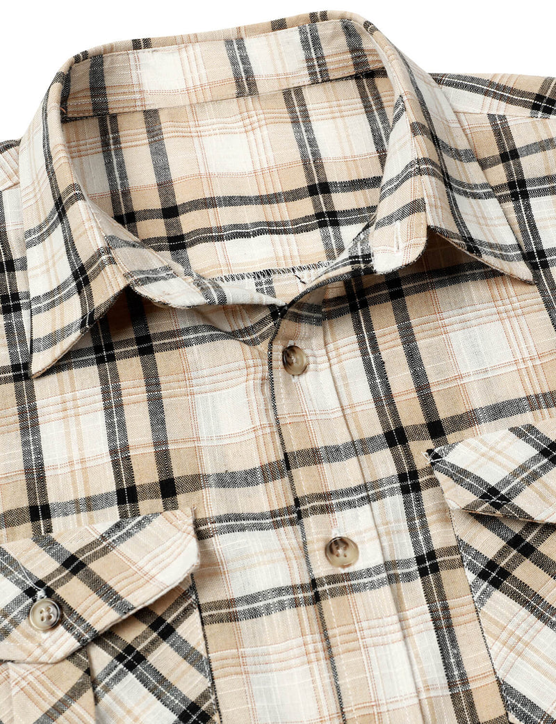 Men's Casual Khaki Linen Plaid Pocket Vintage Cowboy Check Short Sleeve Button Up Western Shirt