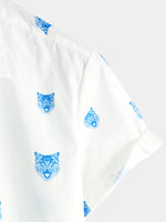 Men's Wolf Animal Print Button Casual Lapel White Short Sleeve Shirt
