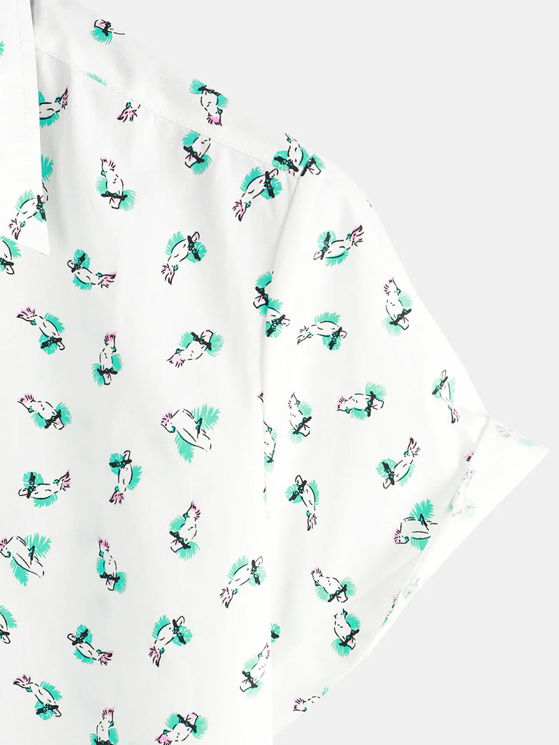 Men's Cotton Parrot Print Cute Animal Breathable Vacation Casual Short Sleeve Shirt