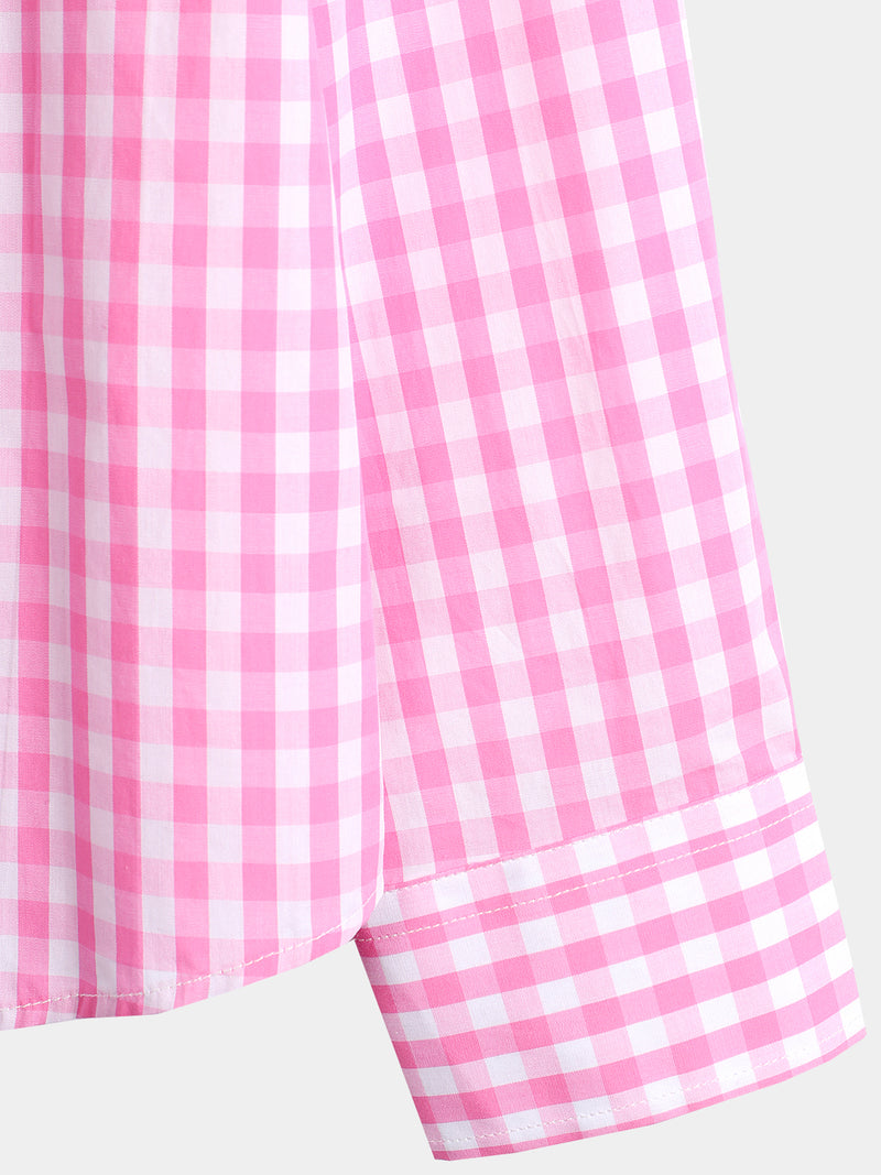 Men's 100% Cotton Long Sleeve Pink Plaid Print Shirt
