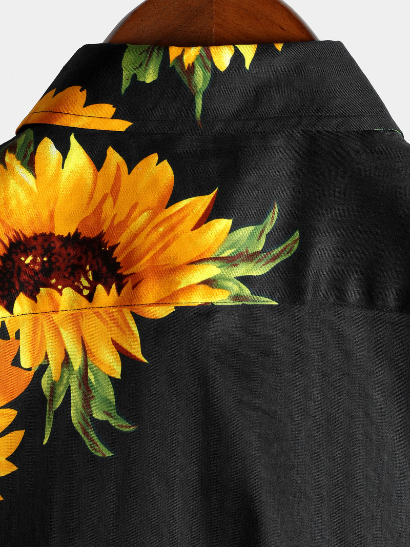 Men's Vintage Sunflower Pocket Short Sleeve Shirt