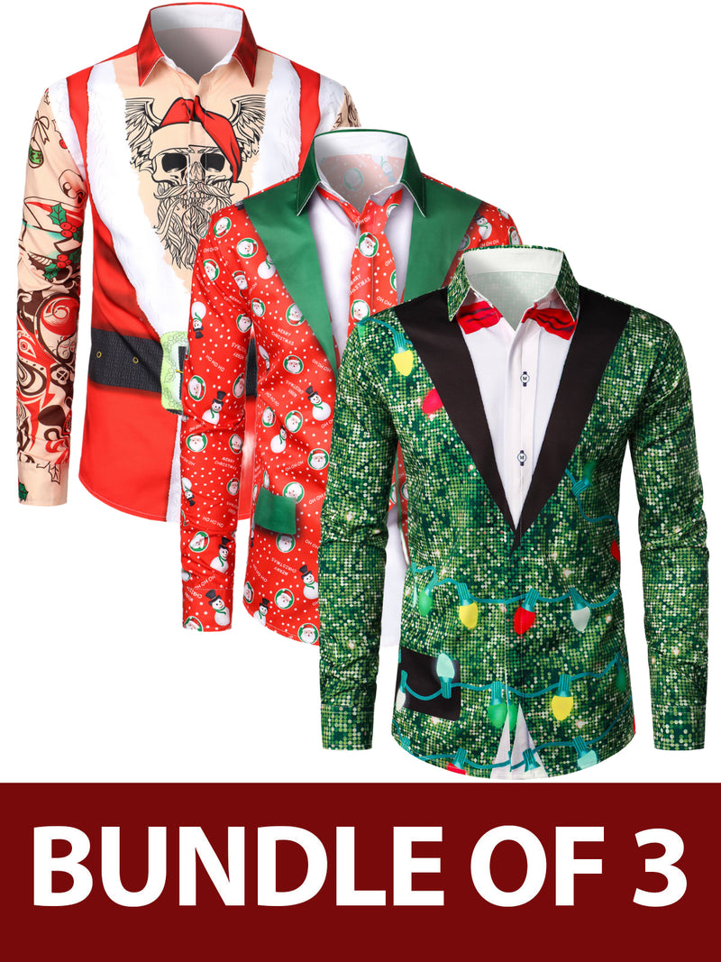 Bundle Of 3 | Men's Christmas Print Regular Fit Holiday Long Sleeve Shirt