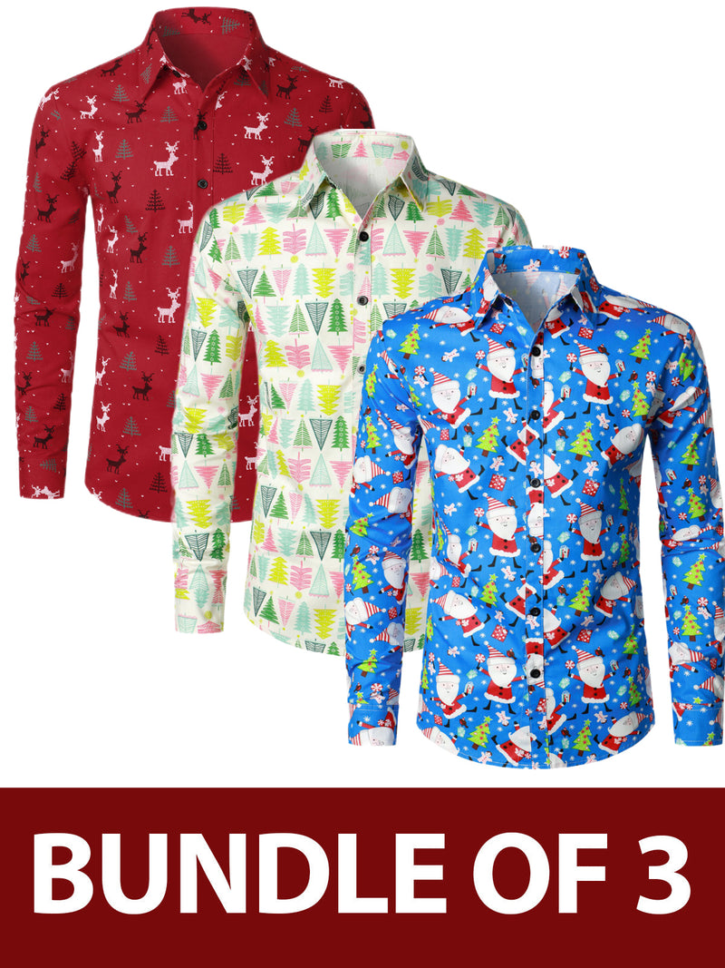 Bundle Of 3 | Men's Christmas Print Regular Fit Cotton Long Sleeve Shirt