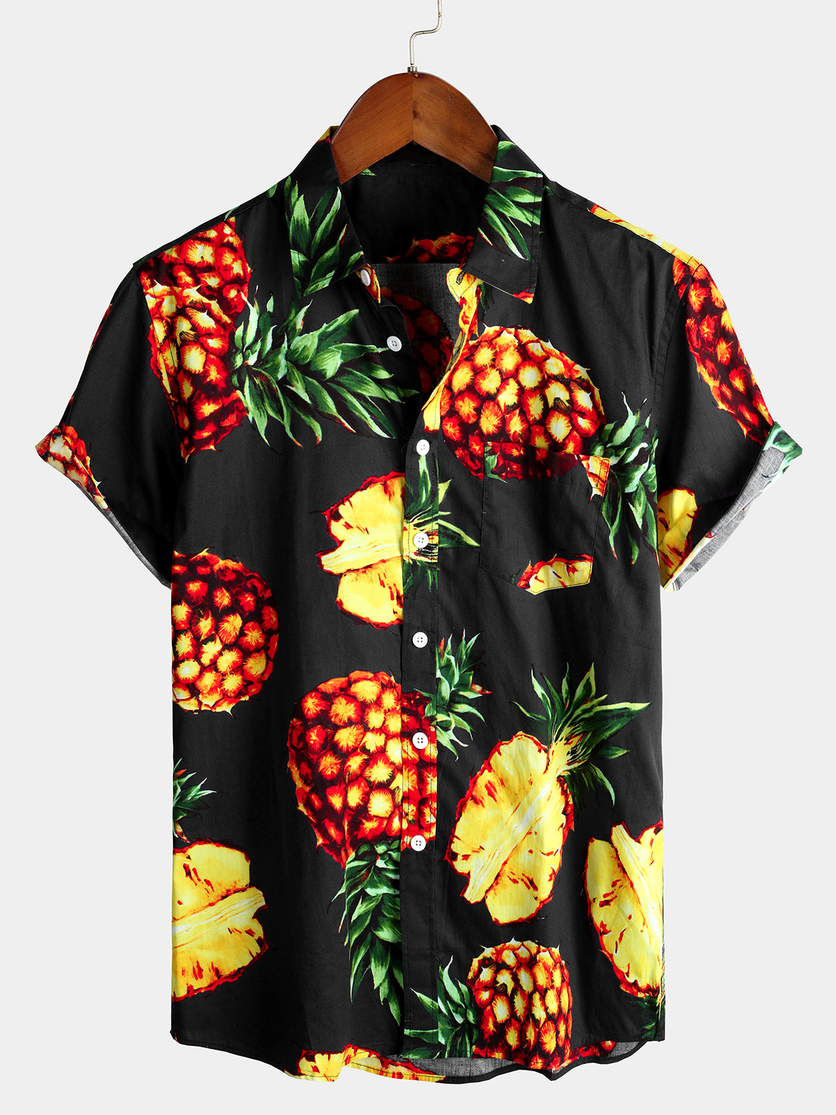 Men's Pink Pineapple Print Holiday Pocket Cotton Shirt