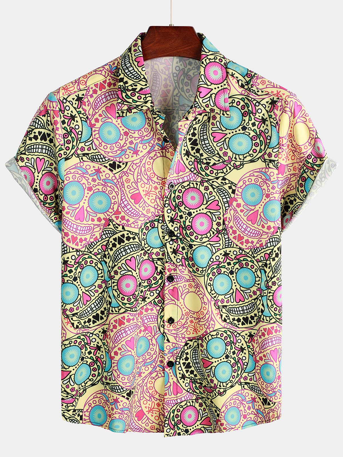Men's Gold Skull Rose Print Short Sleeve Shirt