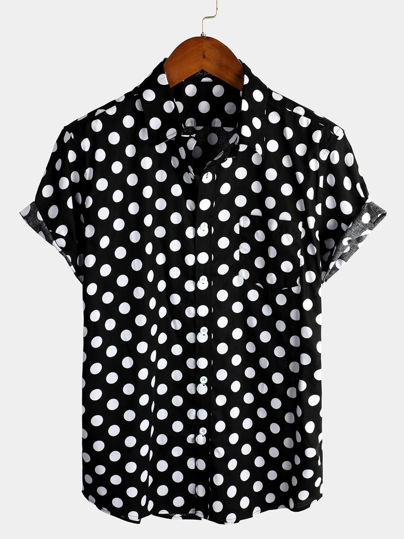 Men's Black Polka Dots Cotton Pocket Shirt